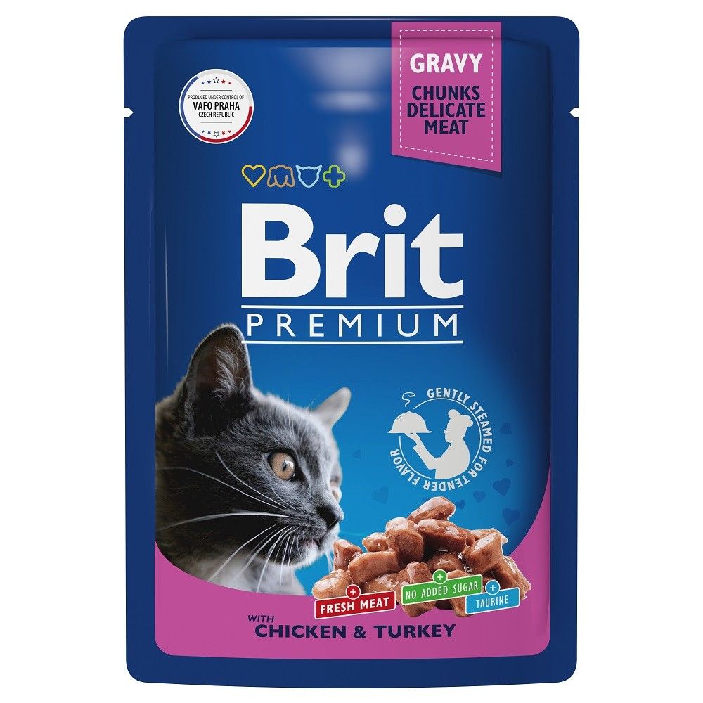 Пауч BRIT Premium для взрослых кошек, цыпленок и индейка в соусе, 85г